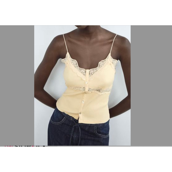 Zara Buttoned Rib Lace Top Size L - Picture 1 of 4